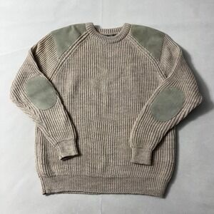 Woolovers Sweater Men XL Beige Suede Shoulder Elbow Patches Commando